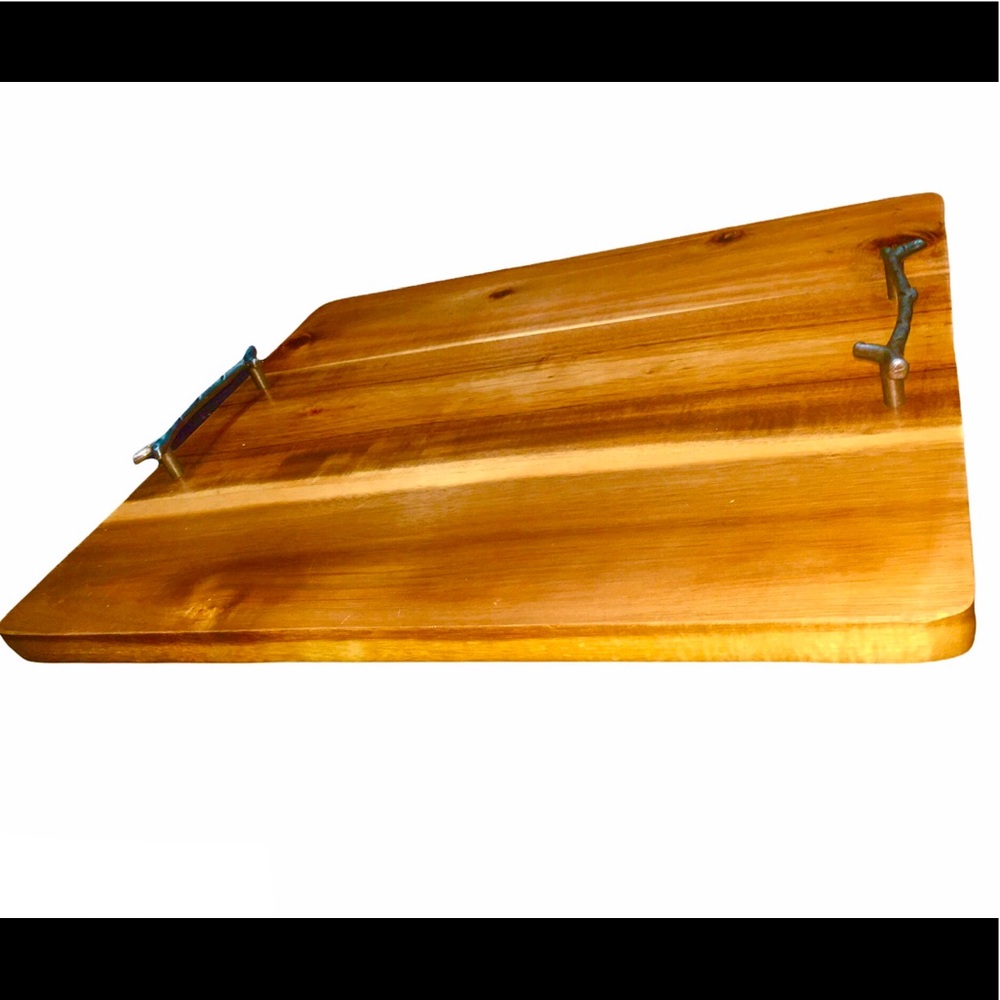 NWT Cutting Board Tray Butcher Block Chopping Cherry Wood Metal Handles Gift